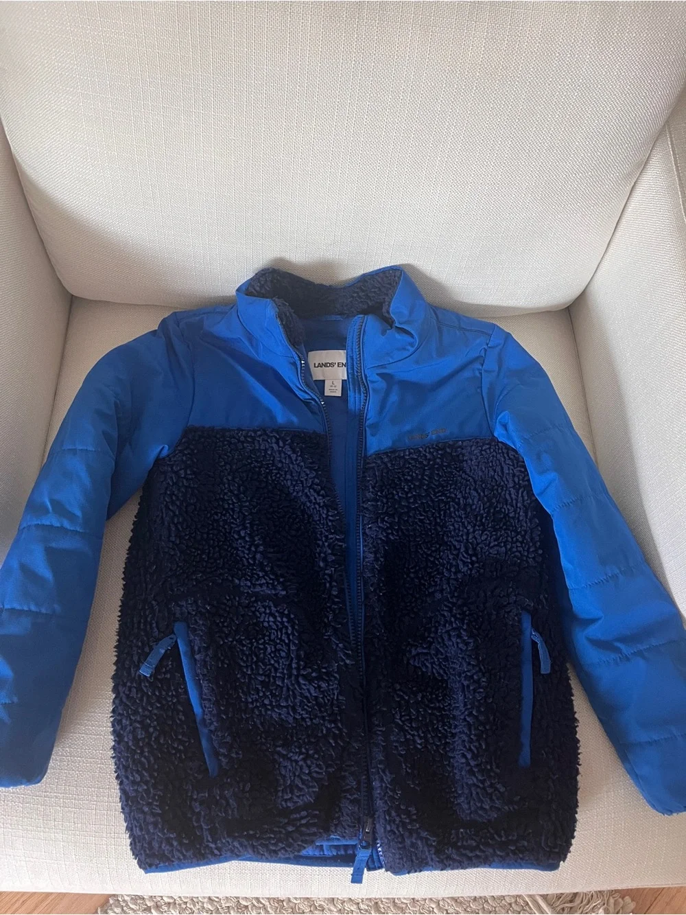 Lands' End Kids Blue Two-Tone Sherpa Puffer Jacket